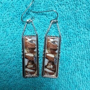 Silver Brown Grey Marble Wire Dangle Rectangular Earrings